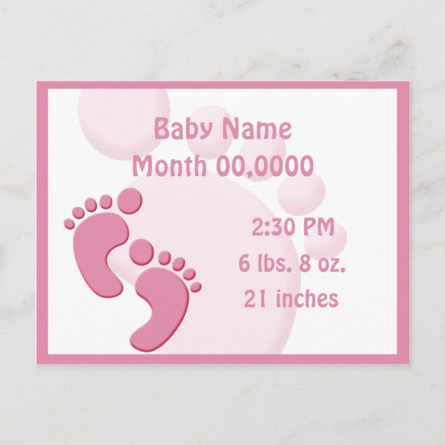 Baby Girl Little Feet Footprint Birth Announcement Postcard (Front)