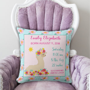 Baby Girl Llama Pink Floral Birth Announcement Cushion