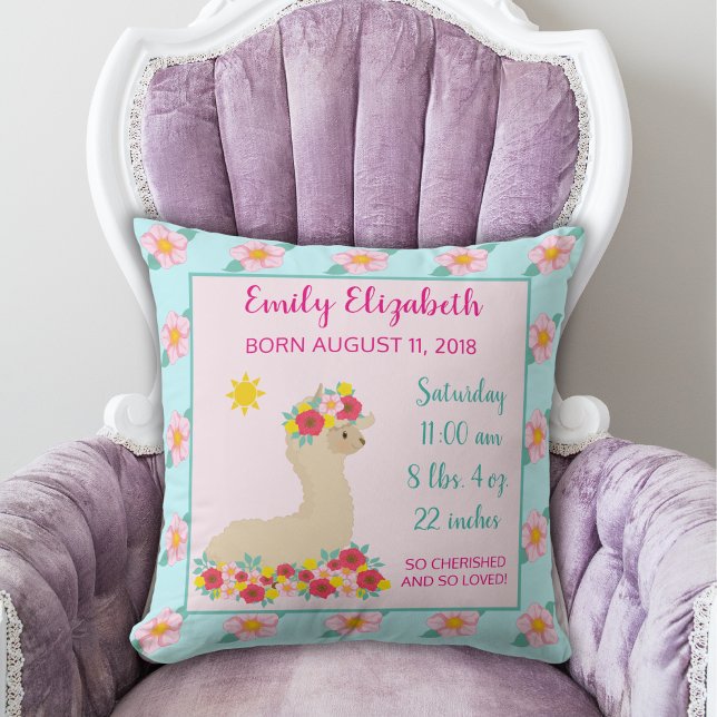 Baby Girl Llama Pink Floral Birth Announcement Cushion (Creator Uploaded)
