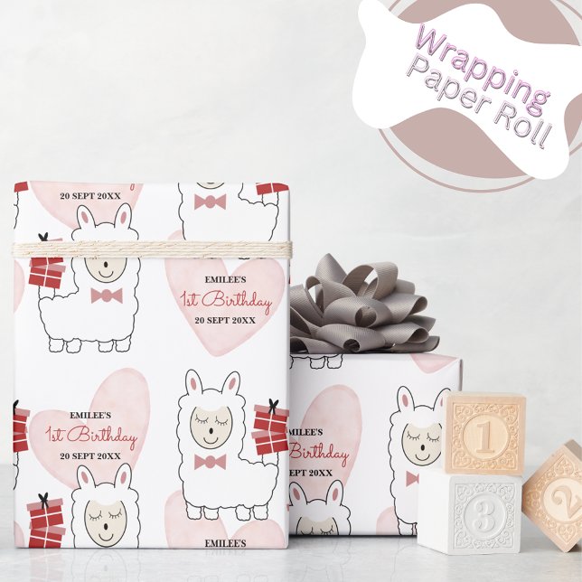 Baby Girl Llamas and Pink Hearts Wrapping Paper (Creator Uploaded)