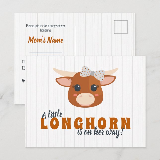 Baby Girl Longhorn Burnt Orange Baby Shower Invitation Postcard (Front/Back)