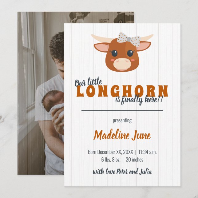 Baby Girl Longhorn Burnt Orange Vertical Birth Announcement (Front/Back)
