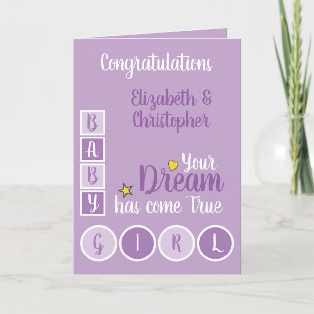 Baby Girl love and cherish purple and yellow Card (Front)