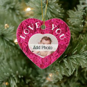 Baby Girl Love You Heart Photo Pink Rose New Mum Ceramic Tree Decoration