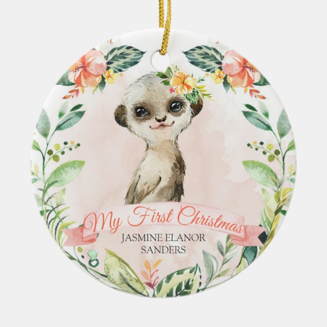 Baby Girl Meerkat First Christmas Holiday Keepsake Ceramic Tree Decoration (Front)