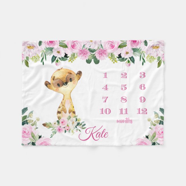 Baby Girl Meerkat Monthly Growth Milestone Fleece Blanket (Front (Horizontal))