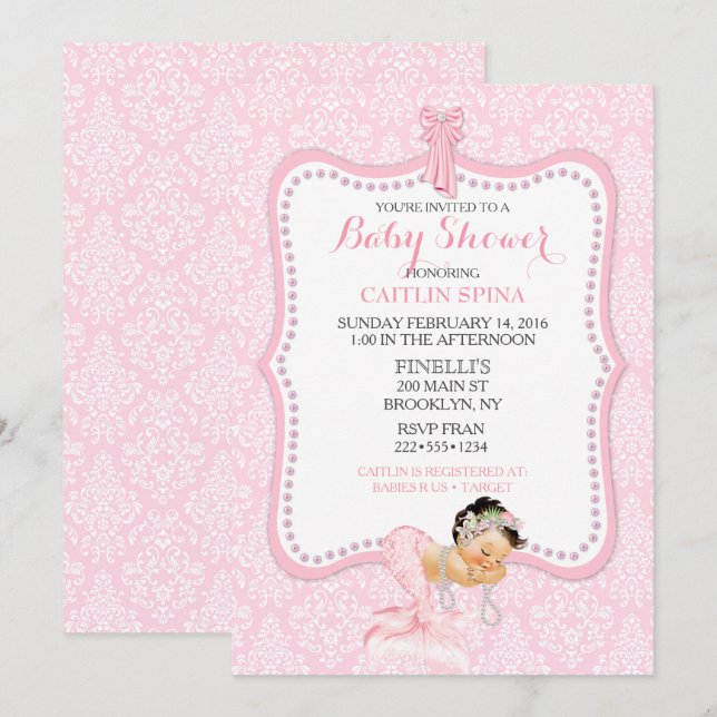 Baby Girl Mermaid Princess Crown Damask Invitation (Front/Back)