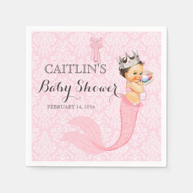 Baby Girl Mermaid Princess Crown Damask Napkin (Front)