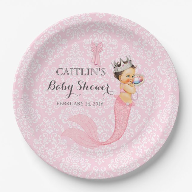 Baby Girl Mermaid Princess Crown Damask Paper Plate (Front)
