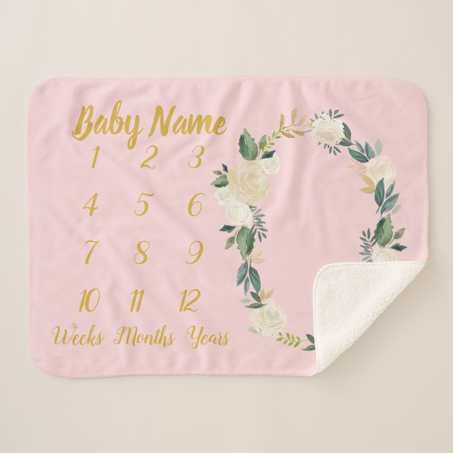 Baby Girl Milestone Blanket Personalised Pink Gold (Front (Horizontal))