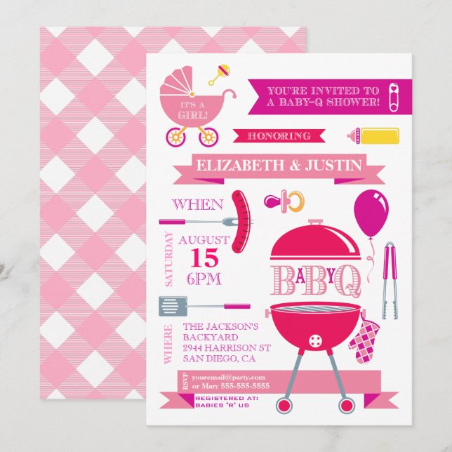 Baby Girl - Modern BBQ Shower Invitation (Front/Back)