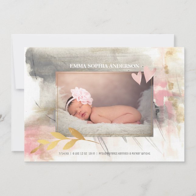 Baby Girl Modern Gold Grey Pink Birth Announcement (Front)