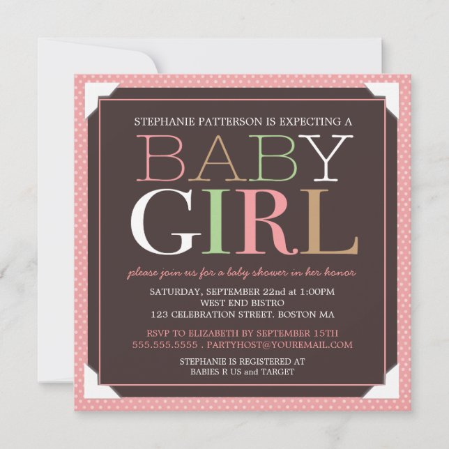 Baby Girl Modern Pink & Brown Baby Shower Invitation (Front)