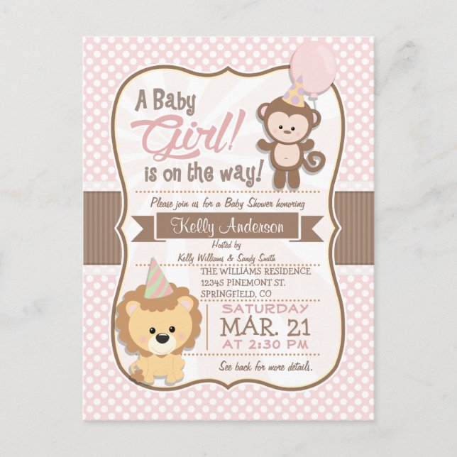 Baby Girl Monkey and Lion Pastel Baby Shower Invitation Postcard (Front)