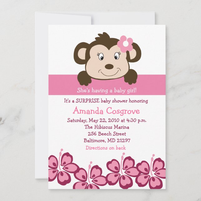 BABY GIRL Monkey Hibiscus Flower 5x7 Baby Shower Invitation (Front)