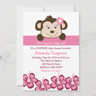 BABY GIRL Monkey Hibiscus Flower 5x7 Baby Shower Invitation