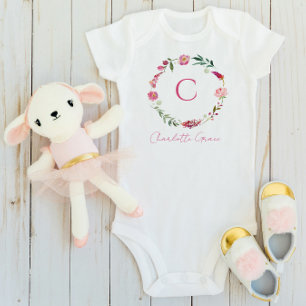 Baby Girl Monogram Pink Watercolor Floral Bodysuit
