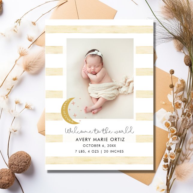 Baby Girl Moon Yellow Stripe Photo Birth Announce (Welcome Baby Girl Birth Photo Announcement)