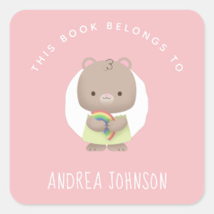 Baby Girl Mouse & Rainbow Pink Grey Kid's Name Fun Square Sticker