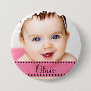 Baby Girl Name and Photo Magnet Pink Personalised 7.5 Cm Round Badge