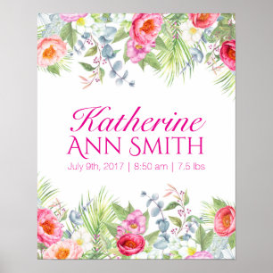 Baby Girl Name Birth Stat Custom Floral Art Poster