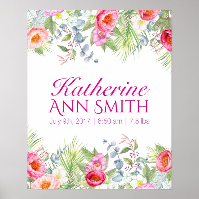 Baby Girl Name Birth Stat Custom Floral Art Poster (Front)