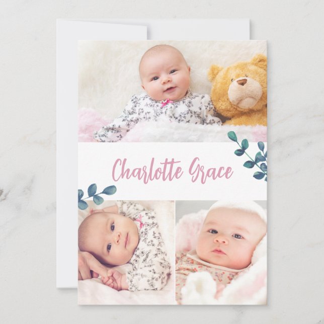 Baby Girl name Eucalyptus and Pink Custom photos Thank You Card (Front)