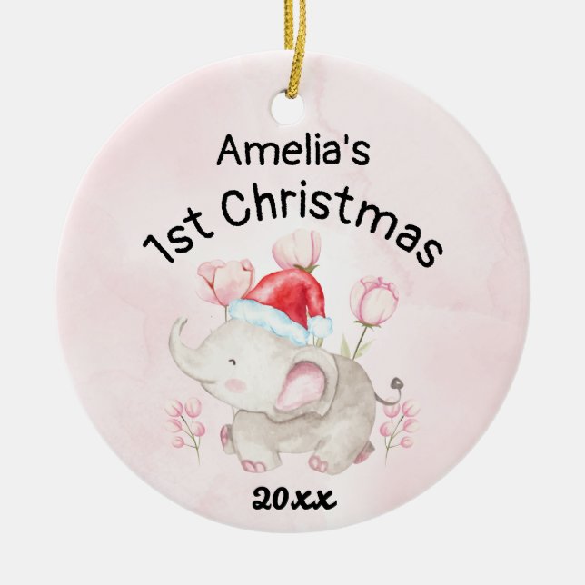 Baby Girl Name First Christmas Pink & Custom  Ceramic Tree Decoration (Front)