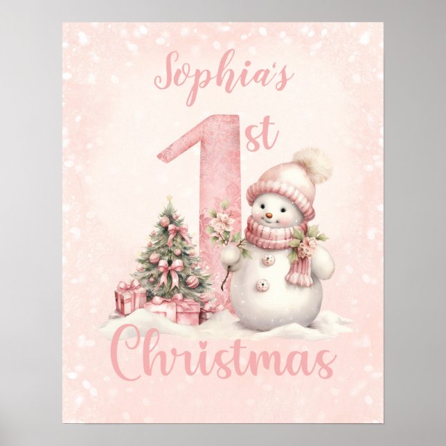 Baby Girl Name First Christmas Pink Nursery Poster (Front)
