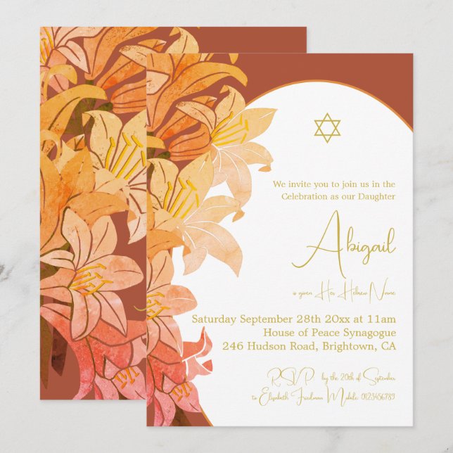 Baby Girl Naming Burnt Orange Floral Hebrew  Invitation (Front/Back)