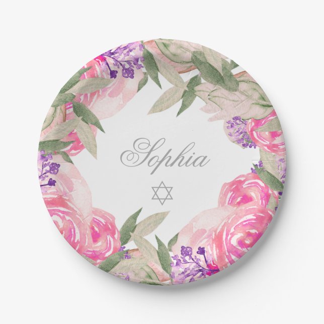 Baby Girl Naming Ceremony Hebrew Floral Silver Paper Plate (Front)