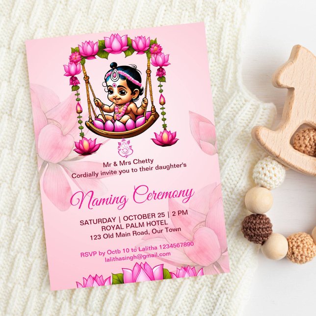 Baby Girl Naming Namkaran Cradle Ceremony Invitation (Pink lotus baby girl namkaran cradle ceremony Indian baby naming editable template invitation)