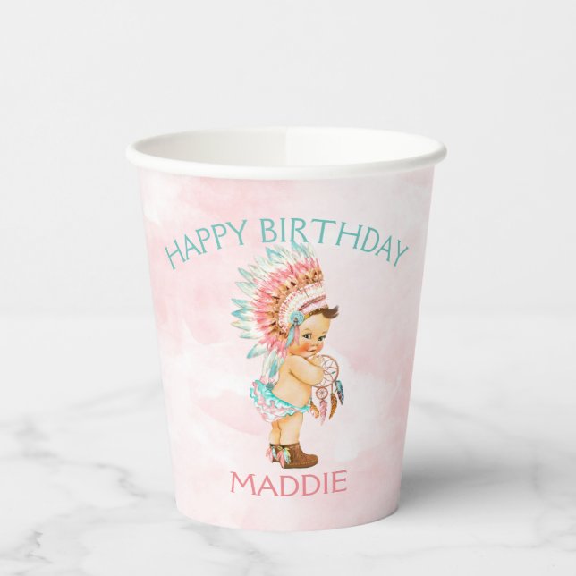 Baby Girl Native Boho Feathers Blush Pink Aqua  Paper Cups (Left)