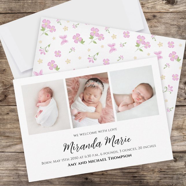 Baby Girl Newborn Photo Collage Simple Pink Floral (Creator Uploaded)