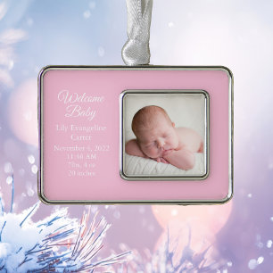 Baby Girl Newborn Photo Pink Keepsake Gift Silver Plated Framed Ornament