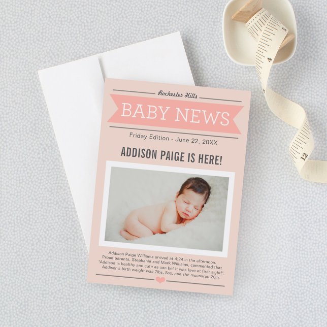 Baby Girl News Modern Blush Pink Photo Birth Announcement (Creator Uploaded)