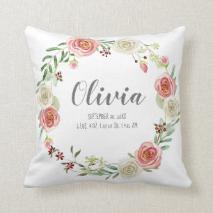Baby Girl Nursery Birth Stats Blush Rose Wreath Cushion