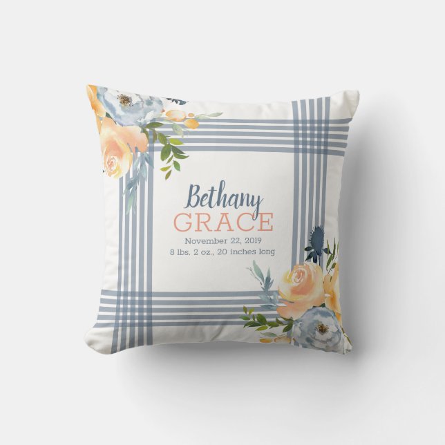 Baby Girl Nursery Blue Yellow Watercolor Floral Cushion (Front)