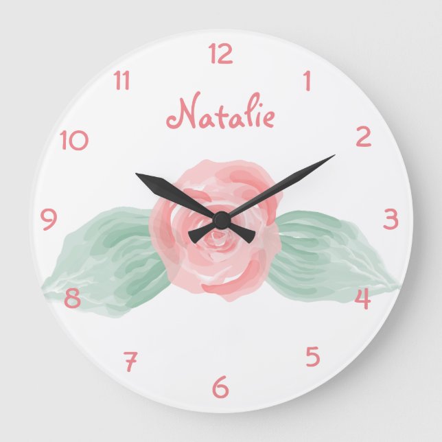 Baby Girl Nursery Decor Pink Rose Personalised Large Clock (Front)