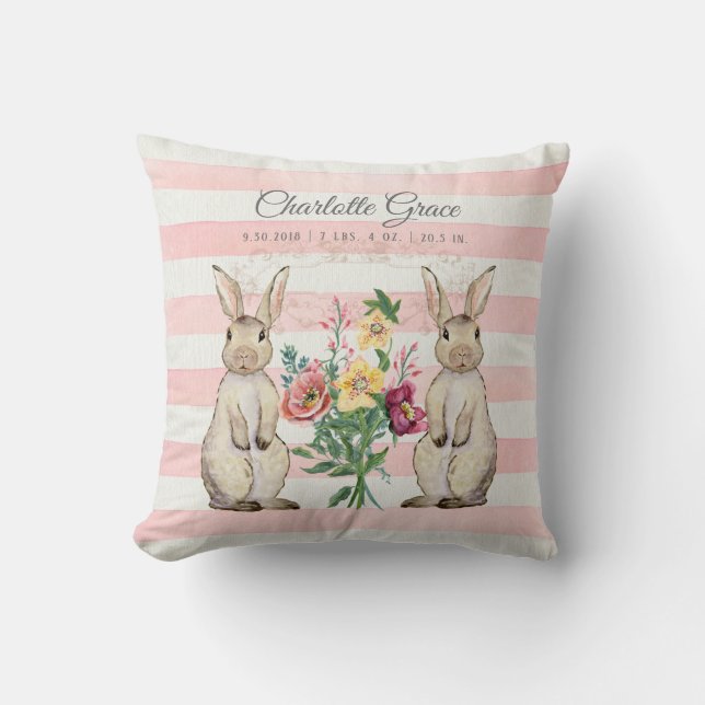 Baby Girl Nursery Floral Rabbits Birth Stats Name Cushion (Front)