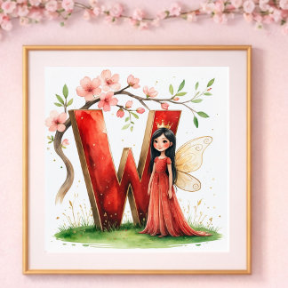 Baby Girl Nursery Letter W Fairy Floral Poster