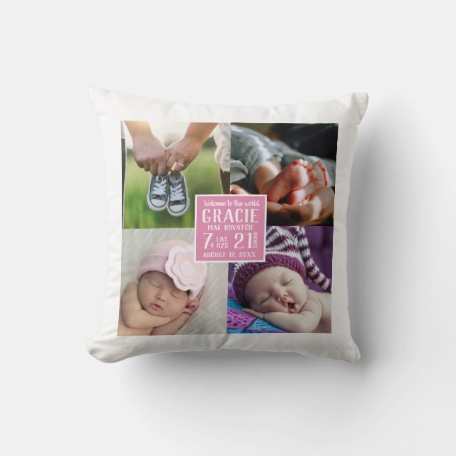 Baby Girl Nursery Photo Collage Birth Stats Cushion (Front)