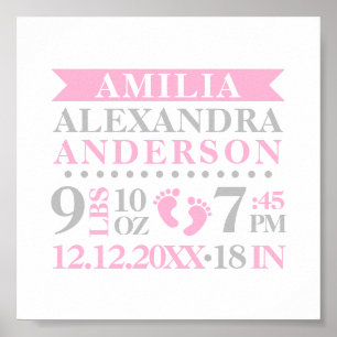 Baby Girl Nursery Room Birth Stats Keepsake Poster