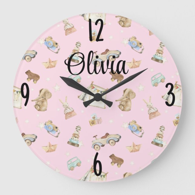 Baby Girl Nursery Vintage Toys on Pink 10.75-in Large Clock (Front)