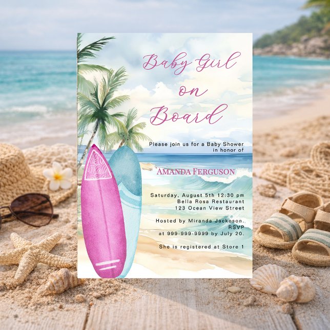 Baby Girl on Board surfboard beach Baby Shower Invitation (Creator Uploaded)