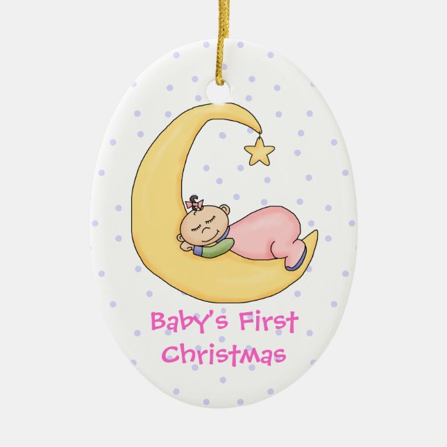 Baby Girl on Moon First Christmas Ornament (Front)
