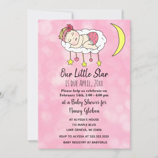 Baby Girl on Moon Pink  Girl's Baby Shower Invitation (Front)