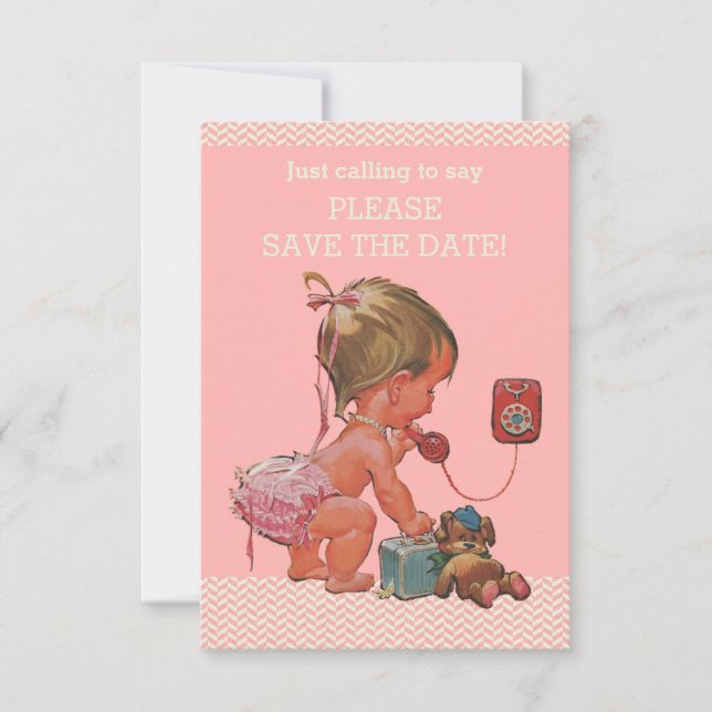 Baby Girl On Phone Baby Shower Save The Date (Front)