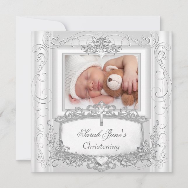Baby Girl or Boy Christening Baptism Silver White Announcement (Front)