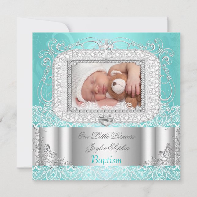 Baby Girl or boy Christening Baptism  teal Announcement (Front)